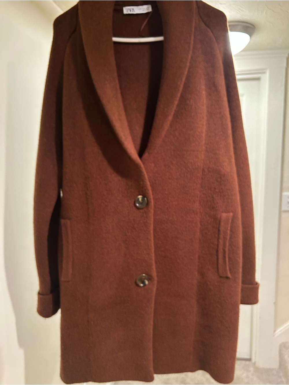 Zara Warm Brown Button Up Oversized Knit Sweater Coat Coatigan Size M